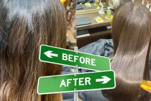 さいたま市浦和の美容室エナで髪質改善縮毛kyぷ性をかけたロングヘアで細げのうねりの強い髪のビフォアアフター写真