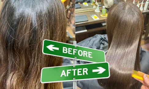さいたま市浦和の美容室エナで髪質改善縮毛kyぷ性をかけたロングヘアで細げのうねりの強い髪のビフォアアフター写真