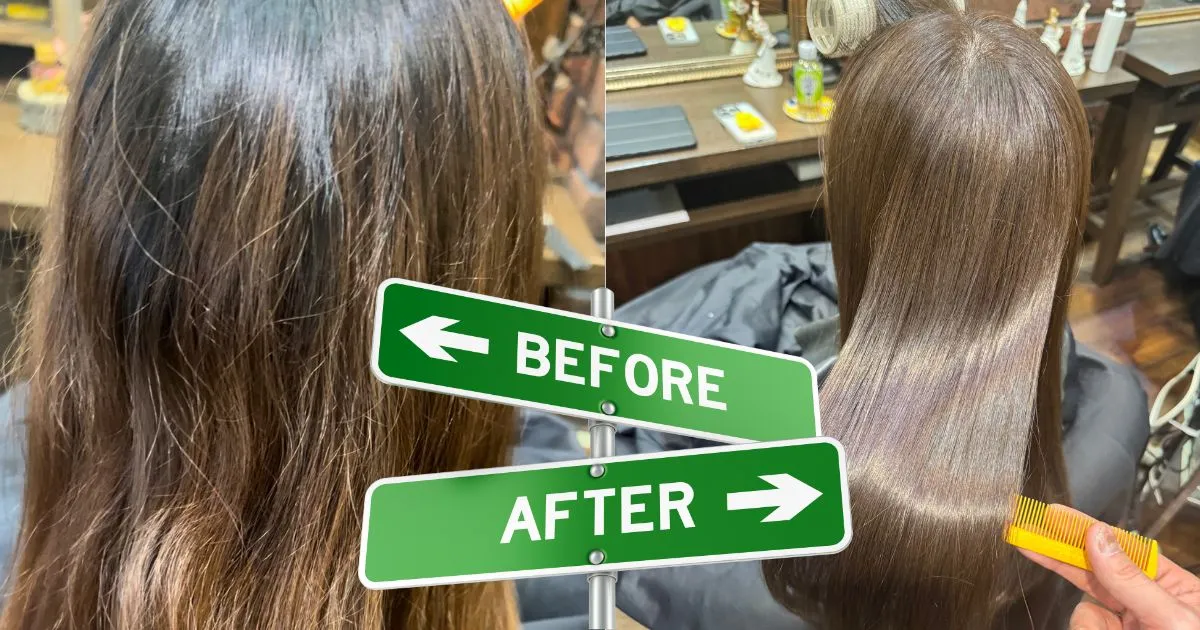 さいたま市浦和の美容室エナで髪質改善縮毛kyぷ性をかけたロングヘアで細げのうねりの強い髪のビフォアアフター写真