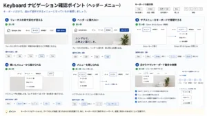 Keyboard ナビゲーション確認。フォーカスの枠や変化が見える。ヘッダーに隠れない。サブメニューをキーボードで開閉できる。開いたメニューから抜けられる。メニューを閉じられるのイメージ画像